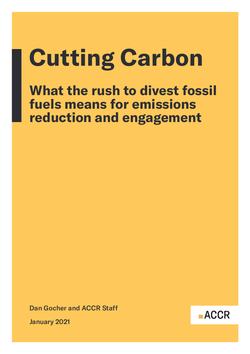 Cover page of the Cutting Carbon: What the rush to divest fossil fuels means for emissions reduction and engagement publication.