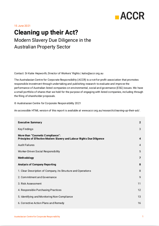 Cover page of the Cleaning up their Act?: Modern Slavery Due Diligence in the Australian Property Sector publication.