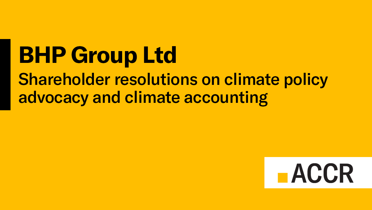Cover page of the Investor briefing: Shareholder Resolutions to BHP Group Ltd on climate advocacy and accounting publication.