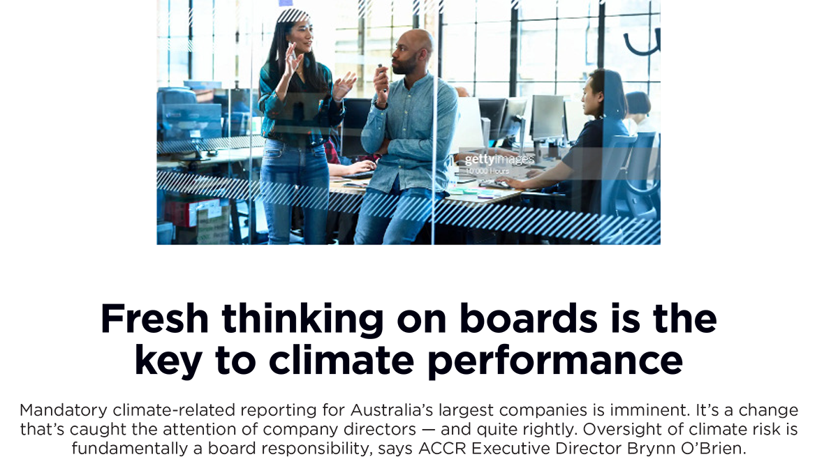 Cover page of the Editorial: Fresh thinking on boards is the key to climate performance publication.
