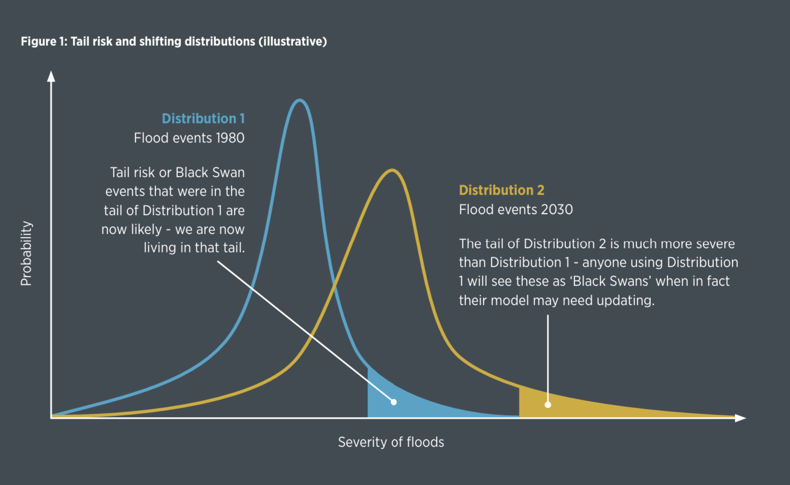 If we look at the changing intensity and likelihood of flood events over recent decades with climate change, we often see very large changes in the tail.
