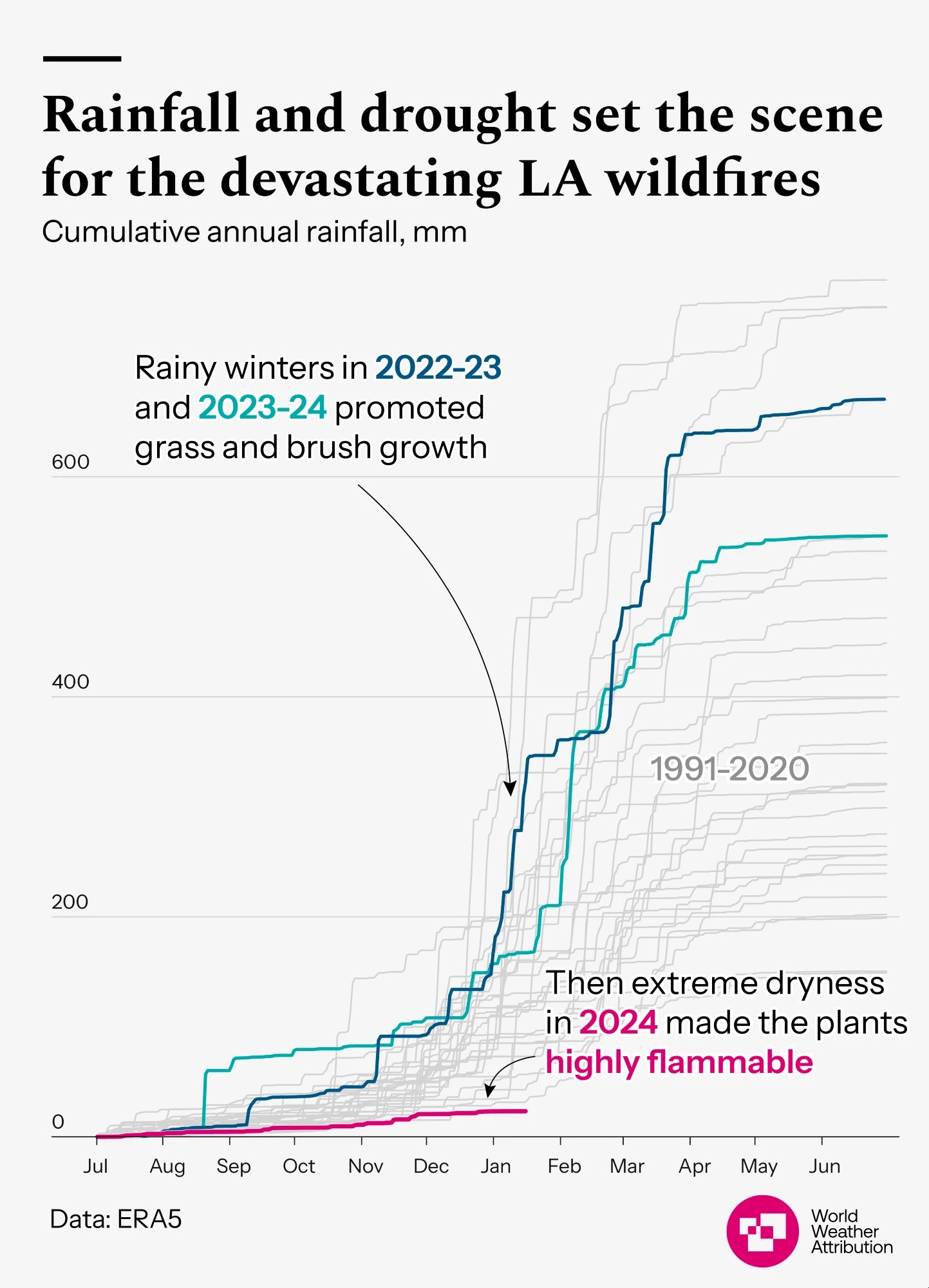 The LA fires followed a ‘climate whiplash’ event, involving two wet winters followed by an extremely dry one, resulting in huge amounts of flammable vegetation.