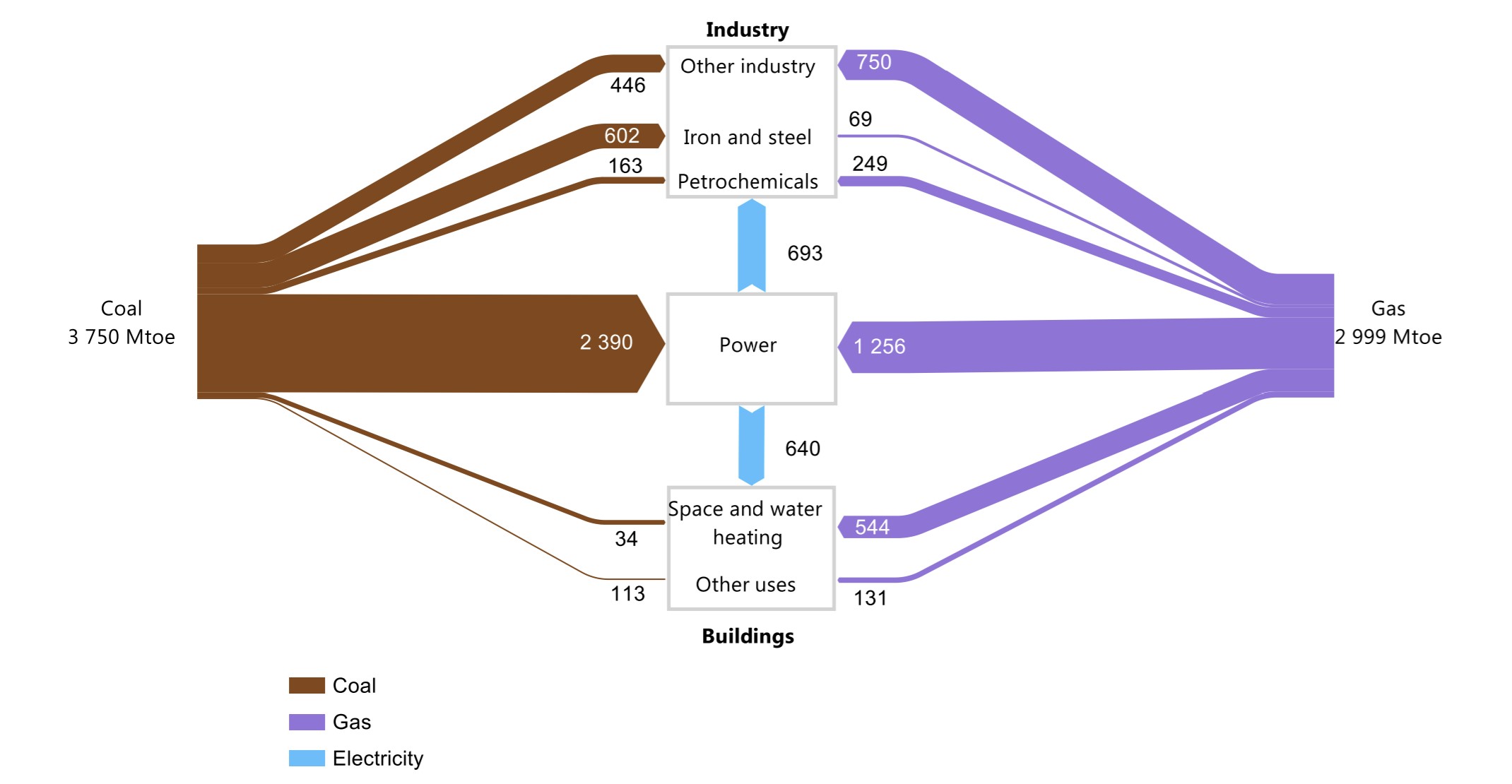 Selected flows of coal and gas in the global energy balance