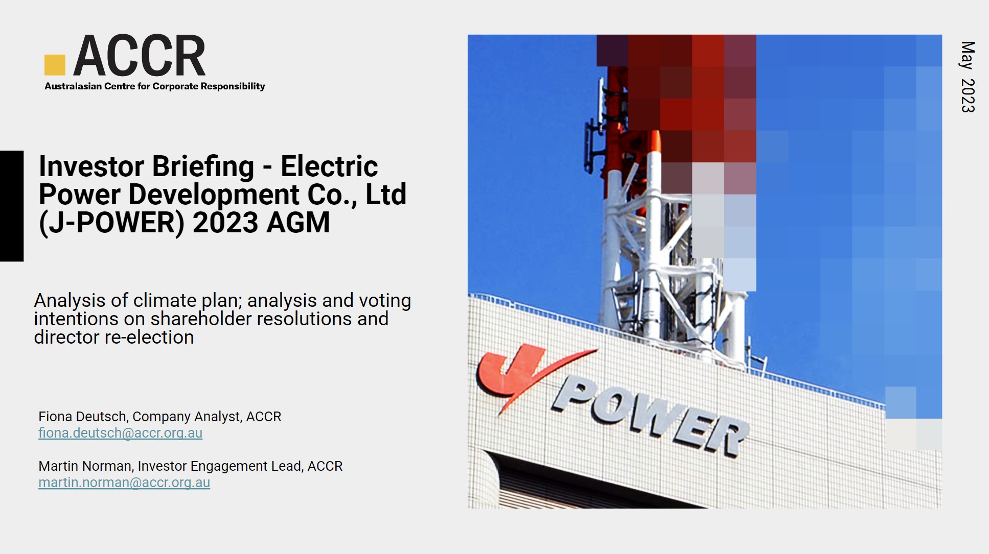 Cover page of the Investor Briefing - Electric Power Development Co., Ltd (J-POWER) 2023 AGM publication.