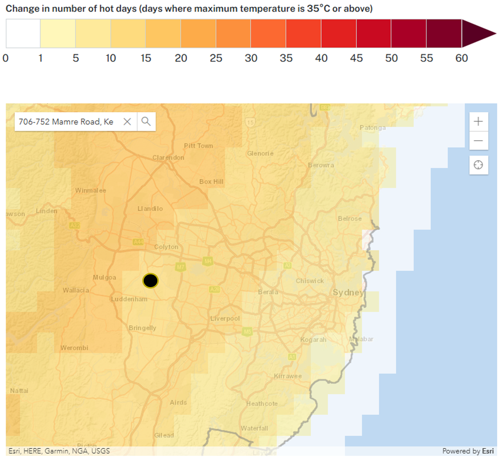 Projections for increases in hot days in Sydney for 2050s with proposed location of the Mamre Road data centre marked.