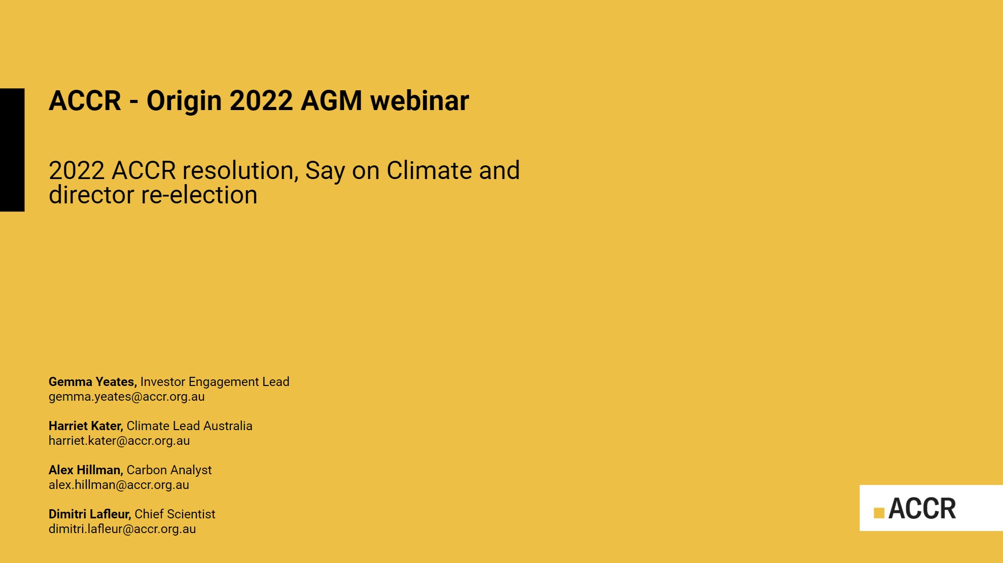Cover page of the ACCR Presentation on Origin Energy 2022 AGM publication.