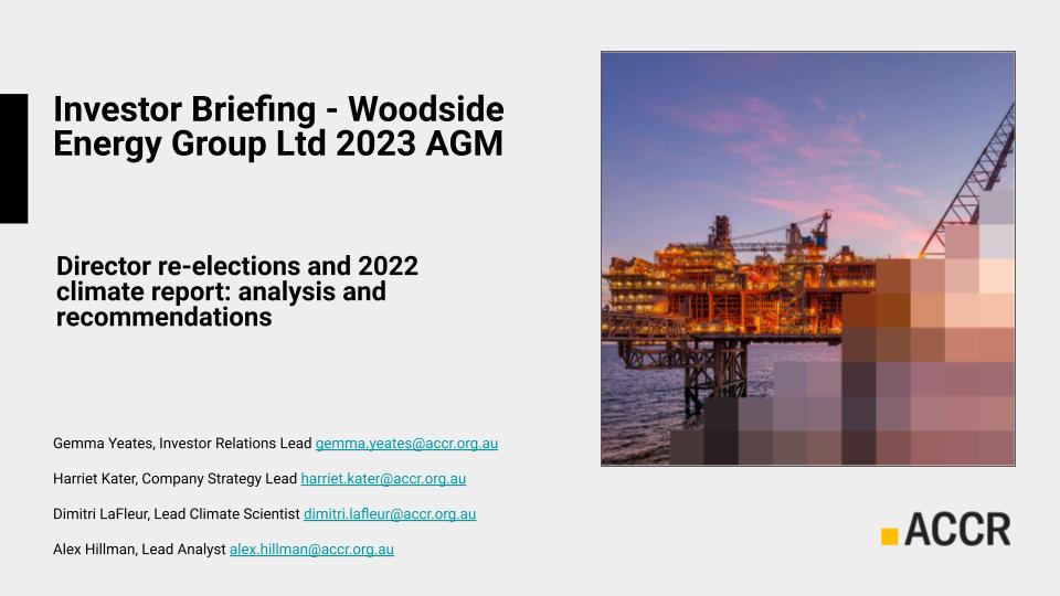 Cover page of the Investor Briefing - Woodside Energy Group Ltd 2023 AGM publication.