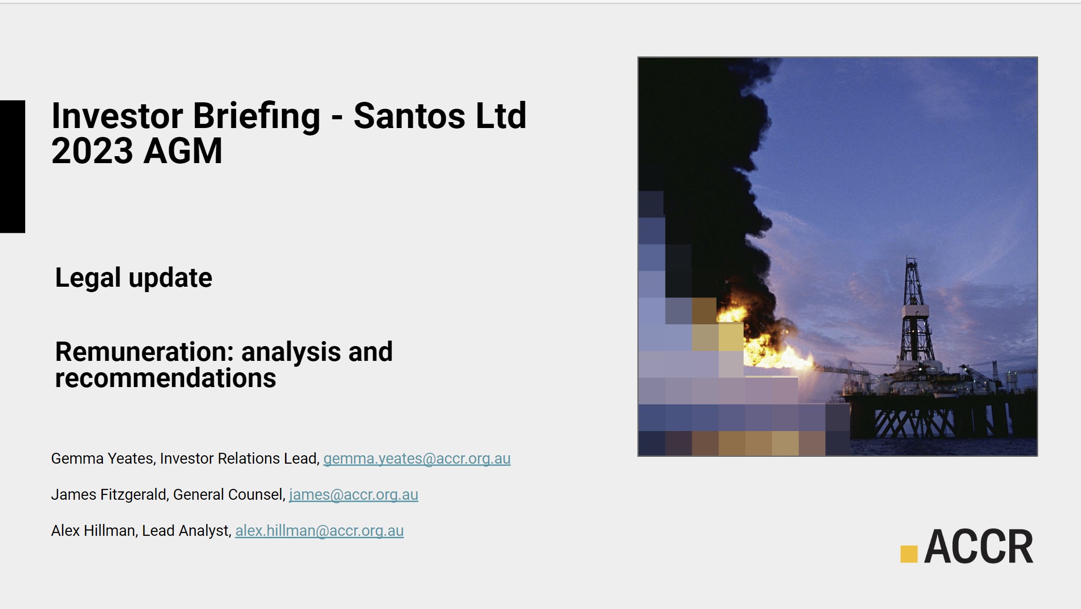 Cover page of the ACCR Presentation on Santos Ltd 2023 AGM publication.
