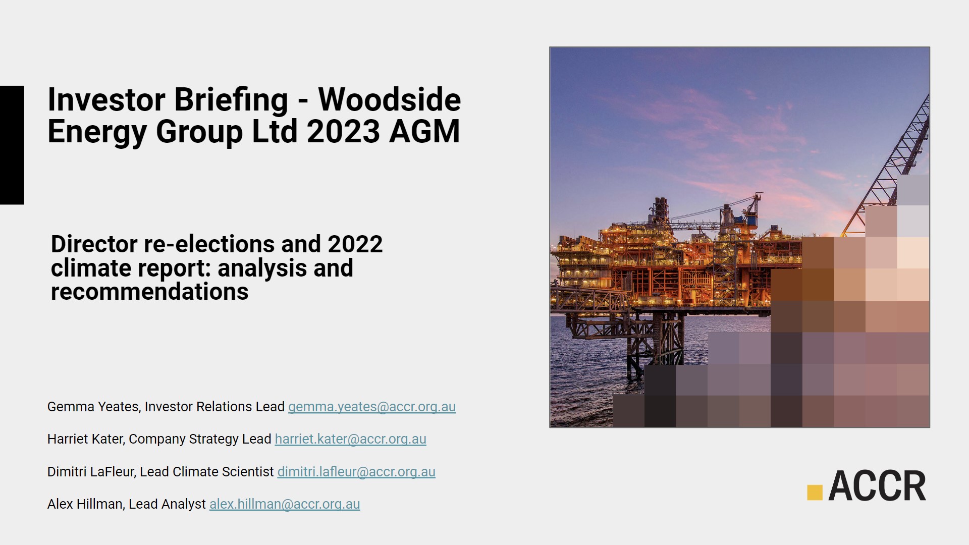 Cover page of the Woodside 2023 director re-elections and 2022 Climate Report publication.