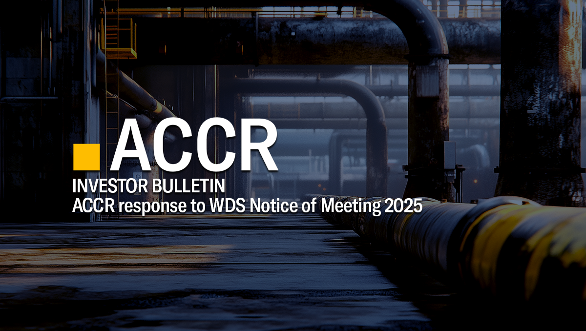 Cover page of the Investor Bulletin: ACCR response to WDS Notice of Meeting 2025 publication.
