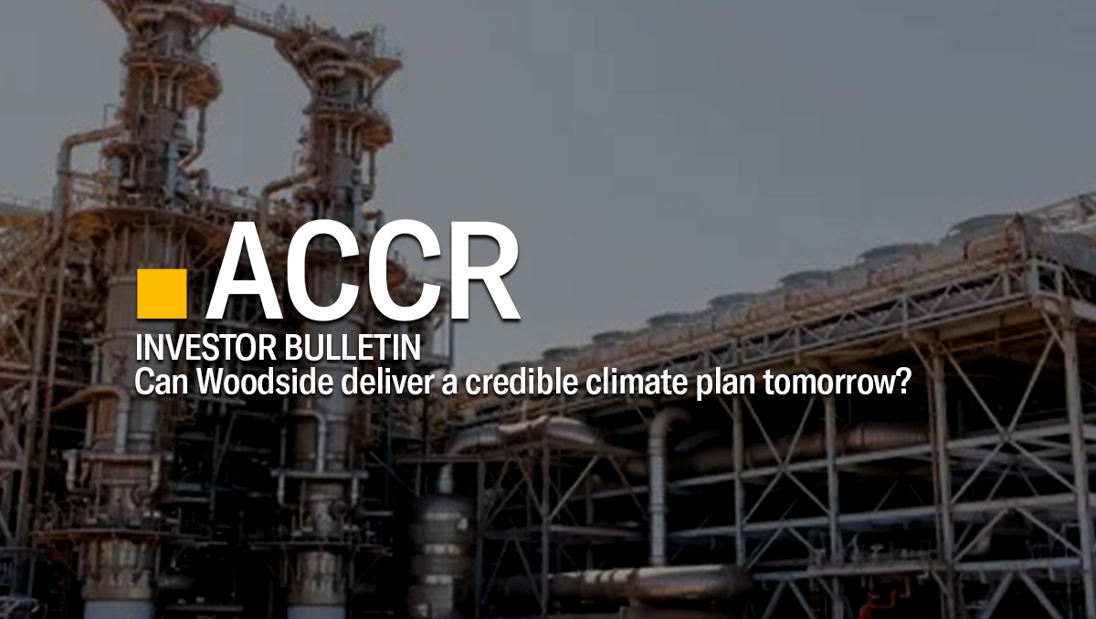 Cover page of the Investor Bulletin: Can Woodside deliver a credible climate plan tomorrow? publication.